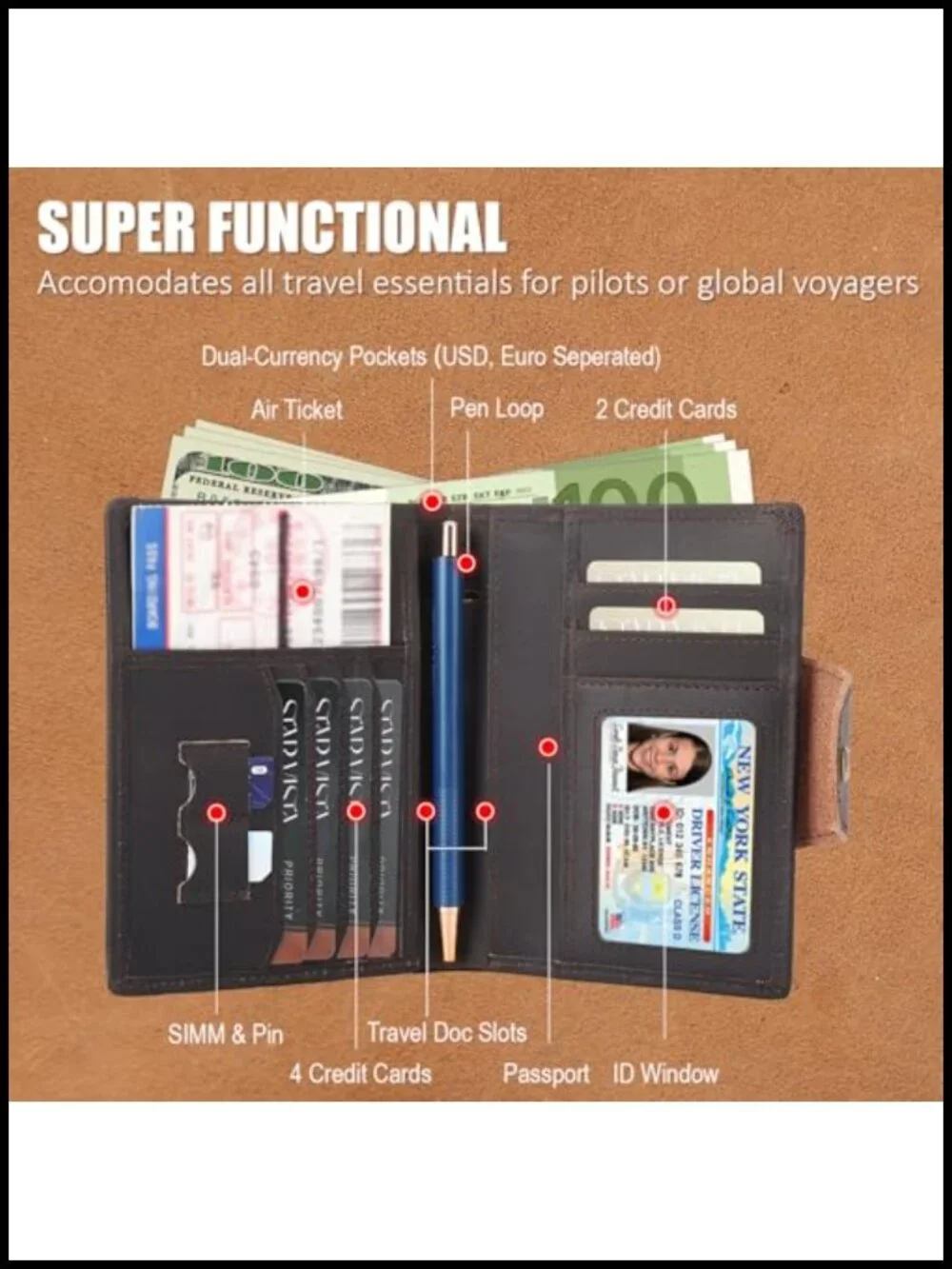 Full Grain Leather Passport Wallet RFID Blocking Bifold Travel Wallet with